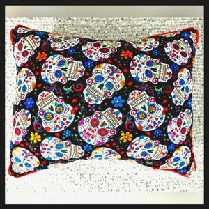 DAY OF THE DEAD Sugar Skulls rectangle pillow, red cording detail 16x13